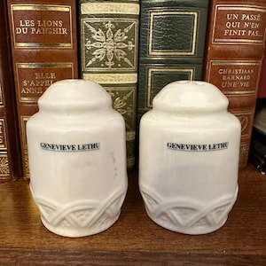 Genevieve Lethu Salt and Pepper Shaker Pair French Vintage White Ceramic Simple Classic Kitchen Decor Dining Table Elegant Timeproof