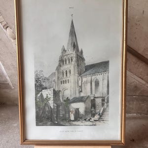 Vintage French Church Print – “Église Notre-Dame de Cunault” | 19th Century Lithograph from Anjou, France | Antique Architectural Art Framed