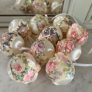 9 French countryside shabby chic vintage tree ornaments designer Yves Rocher holiday Christmas tree decoration flowers roses on top decoupag