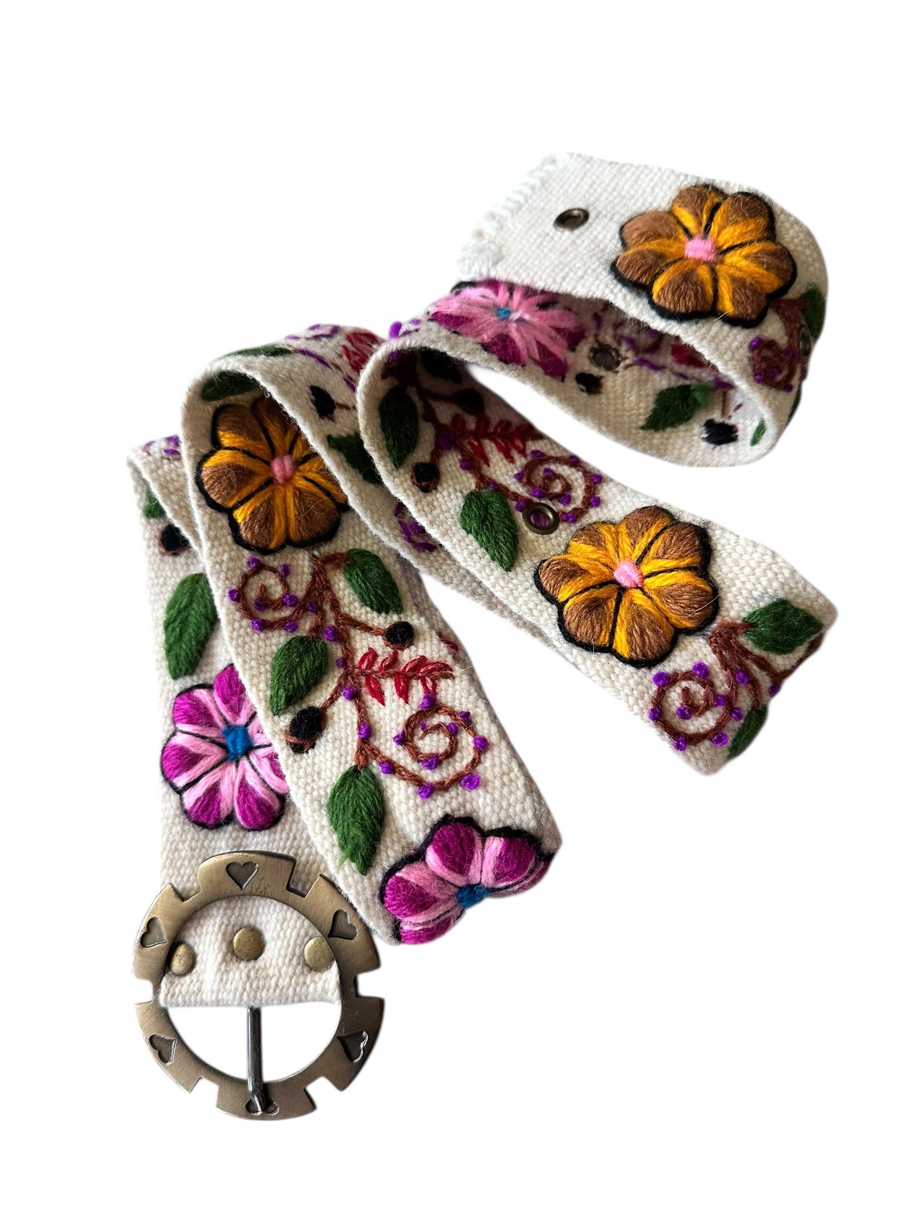 POL Leaf Embroidered Wide Belt with Wooden Bead Buckle – Boho Cottagecore Vibe WOMENS ROSE EMBROIDERED Western Cowgirl Cowboy Leather Belt  main image 2