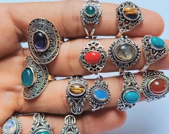 Lot en gros !! Bague avec pierres précieuses multicolores, faites main, bague en argent sterling 925 plaqué, bague en gros, assortiment de bagues, cadeau pour elle, cadeau de Noël