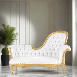 Hand Carved Royal Crystal Tufted Wedding Party Style Chaise Lounge - White/Gold