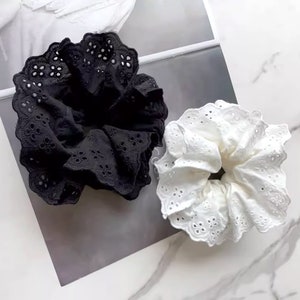 Large White Lace Hair Scrunchies, Pure Cotton Handmade Hair Tie, Lace Double Layer Flower Headbands, Y2K Wedding Headpieces