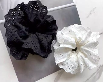 Large White Lace Hair Scrunchies, Pure Cotton Handmade Hair Tie, Lace Double Layer Flower Headbands, Y2K Wedding Headpieces