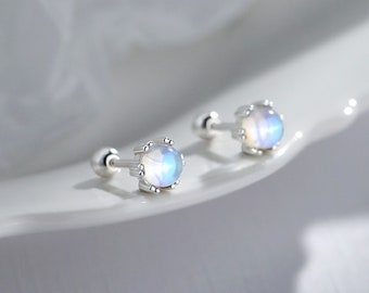 925 Silver Moon Stone Stud Earrings - Minimalist Elegant Screw Tiny Earrings - 5mm Gemstone Cabochon Silver Tragus Studs for Women Kids Gift