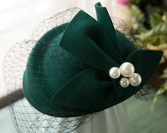 Fascinator Hat Tea Party Hat - Wool Tweed Beret Mesh Hat Face Veil - Wedding Headpiece Hat - Handmade Pill Box Bridal Felt