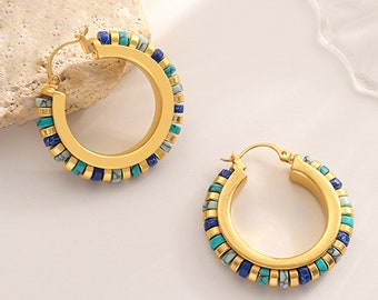 Turquoise Gemstone Hoop Earrings, Hand-beaded Gold-plated Huggie Hoops Earring, Lucky Earrings for Gifts