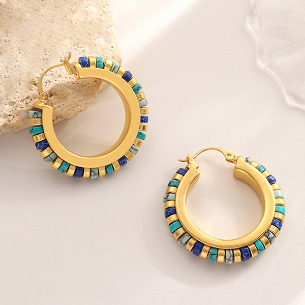 Turquoise Gemstone Hoop Earrings, Hand-beaded Gold-plated Huggie Hoops Earring, Lucky Earrings for Gifts