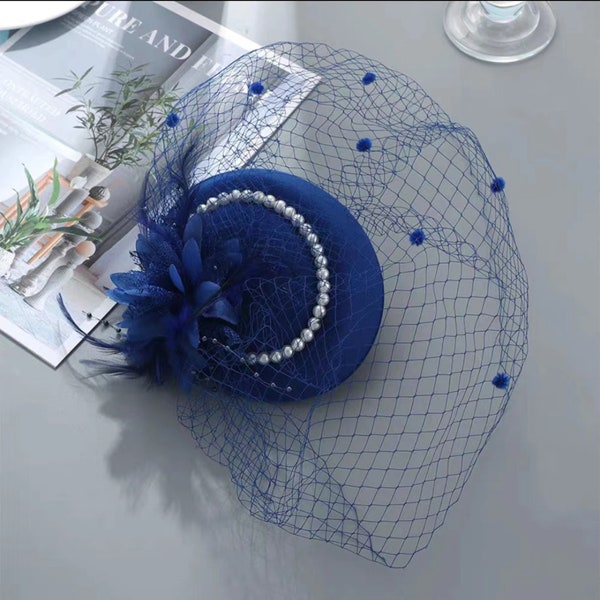 Fascinator Hat with Veil - Birdcage Feather Wedding Hat - Headpiece Bridal Mesh Hat - Alligator Clip Women Pillbox Hat