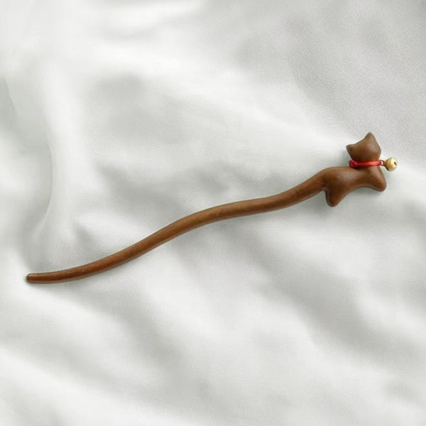 Cat Wooden Hair Stick - Sandalwood Cute Bells Hairpin - Hair Fork - Hair Comb - Wood Hair Aaccessories