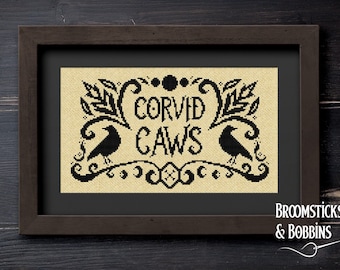 Corvid Caws | Digital Cross Stitch Pattern by BroomsticksandBobbins | Witchy Whimsical Witch Apothecary Garden Crows Ravens | PDF download