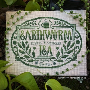 Worm Tea | Digital Cross Stitch Pattern by BroomsticksandBobbins | Witchy Whimsical Plant Witch Apothecary Garden | PDF instant download