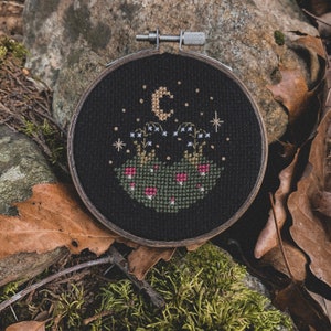 May include: A black embroidery hoop with a cross-stitch design of a moon, stars, and a cluster of flowers with red berries. The design is on a dark green background.