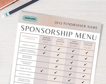 Fundraiser Sponsorship Menu Template, Canva Templates, Editable Event Sponsor Form