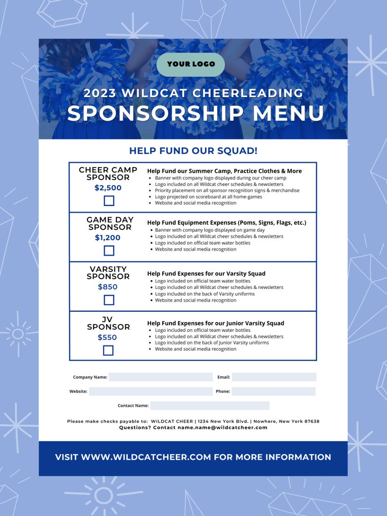 Cheerleading Sponsorship Template, Canva Templates, Editable Sponsor Form Etsy