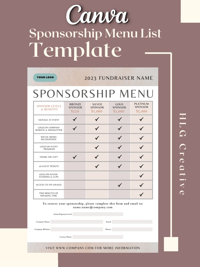Fundraiser Sponsorship Menu Template, Canva Templates, Editable Event