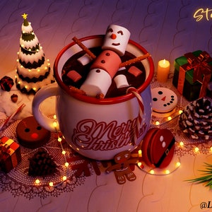 May include: A white mug with red trim filled with hot chocolate and a marshmallow snowman. The mug is decorated with the words "Merry Christmas". The scene is set on a table with a white tablecloth, surrounded by Christmas decorations, including a small Christmas tree, presents, and a candy cane.