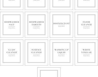 Witte minimalistische schoonmaaklabels Desinfecterende vaatwastabletten Glasreinigerlabels Waterdichte reinigingsbussen Etiketten Reinigingsstickers