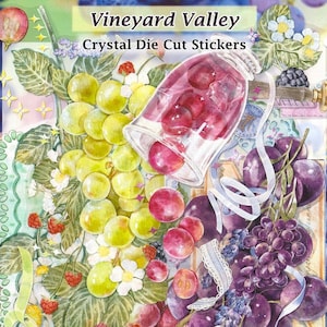 Adesivi per uva, vino e viti, trasparenti, fustellati, fai da te, decalcomanie decorative, album di ritagli, bacche, rosso, viola, verde, moscato, vigneto, carino, arte, frutta, fruttato