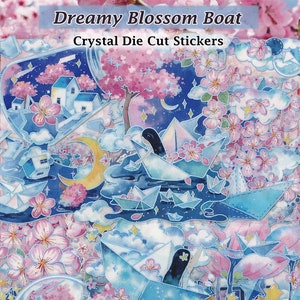 Verträumte Sakura Boot Aufkleber Kristall klar Silber Detail DIY Aufkleber Deko Sammelalbum Journal Rosa Blumen Hintergrund Kunst Fantastisch Niedlich Anime