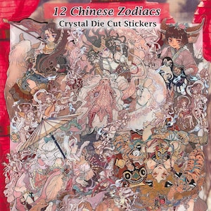 Pegatinas de hadas del zodíaco chino, transparentes, iridiscentes, troqueladas, para bricolaje, decoración, álbum de recortes, diario, animales, horóscopo, arte kawaii, chicas lindas