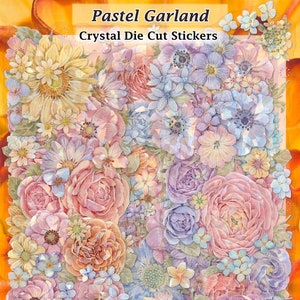 Pegatinas de flores pastel transparentes iridiscentes troqueladas para bricolaje, decoración para álbumes de recortes, diarios, margaritas, rosas, hortensias, florales, kawaii, lindas