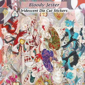 Adesivos de palhaço Bloody Jester, detalhes recortados transparentes, decalque faça você mesmo, decoração, scrapbook, diário, gótico, escuro, oculto, mal, estranho, cartas de baralho, arlequim