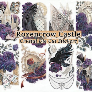 Pegatinas de castillo gótico con rosas, detalles iridiscentes de cristal, troqueladas, bricolaje, decoración, álbum de recortes, diario, diablo, cuervo, vampiro, anime, palacio, fantasía, magia