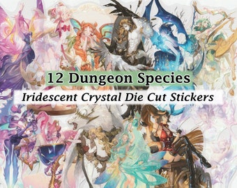 May include: Twelve iridescent crystal die-cut stickers featuring various fantasy creatures, including a wolf, a fairy, a demon, and a knight. The stickers are arranged in a collage and have a whimsical, magical theme.  12 Dungeon Species Iridescent Crystal Die Cut Stickers