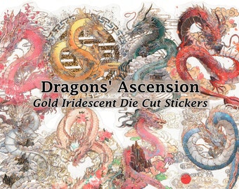 Chinese Dragon Stickers Gold Iridescent Clear Die-Cut Gold Detail DIY Decal Deco Scrapbook Journal Japanese Shenlong Long Beast Mythical