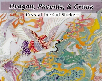 Dragon Phoenix Stickers Clear Die-Cut Silver Detail DIY Decal Deco Scrapbook Journal Cranes Floral Ancient Japanese Chinese Traditional Art