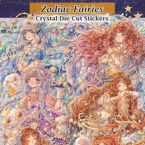 12 Adesivos de fadas do zodíaco, transparentes, iridescentes, recortados, faça você mesmo, decalque, decoração, scrapbook, diário, constelação, horóscopo, arte, kawaii, meninas fofas