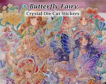 Butterfly Fairies Stickers Crystal Clear Iridescent Die-Cut DIY Decal Deco Scrapbook Journal Flowers Floral Pixies Kawaii Cute Anime Girls