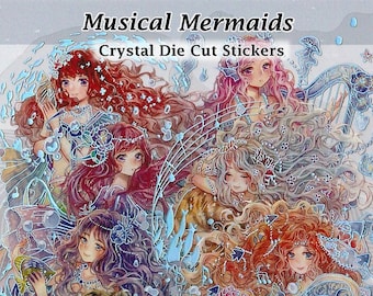 Musical Mermaids Stickers Crystal Clear Die-Cut DIY Decal Deco Scrapbook Journal Sparkly Colourful Ocean Fantasy Kawaii Cute Art