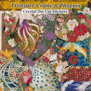 Stickers floraux phoenix dorés transparents découpés avec détails dorés Sticker bricolage déco Scrapbooking Journal grues de fleurs Art traditionnel japonais ancien