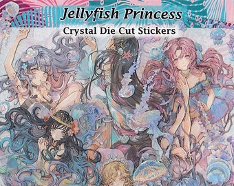 Jellyfish Princess Stickers Crystal Clear Die-Cut DIY Decal Deco Scrapbook Journal Sparkly Colorful Ocean Fantasy Kawaii Art