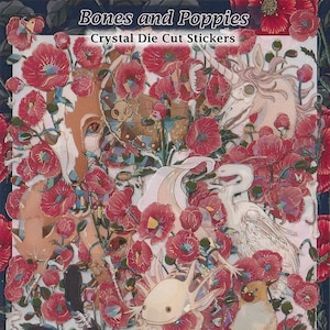 Stickers mort et coquelicot transparents découpés avec des détails holographiques Sticker bricolage déco Scrapbooking Journal gothique Dark Bones coquelicots Axolotl renard Weirdcore