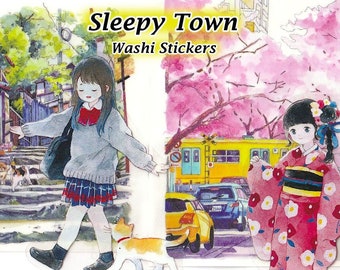 May include: A set of three washi stickers featuring illustrations of girls in different outfits and settings. The stickers are part of a collection called "Sleepy Town Washi Stickers".
