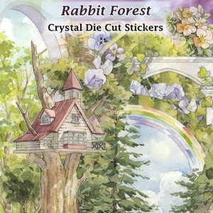 Rabbit Forest Stickers Crystal Clear Die-Cut DIY Decal Deco Scrapbook Journal Rural Woods Rainbow Cabin Treehouse Trees Animals Cute