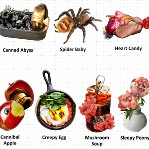 Pode incluir: Uma cole&ccedil;&atilde;o de alimentos e objetos surreais, incluindo uma lata rotulada como "Canned Abyss" com m&atilde;os e cr&acirc;nios, uma aranha com rosto de beb&ecirc; e doces em forma de cora&ccedil;&atilde;o. Outros itens incluem uma ma&ccedil;&atilde; com um rosto, um ovo frito, sopa de cogumelos e pe&ocirc;nias sonolentas.