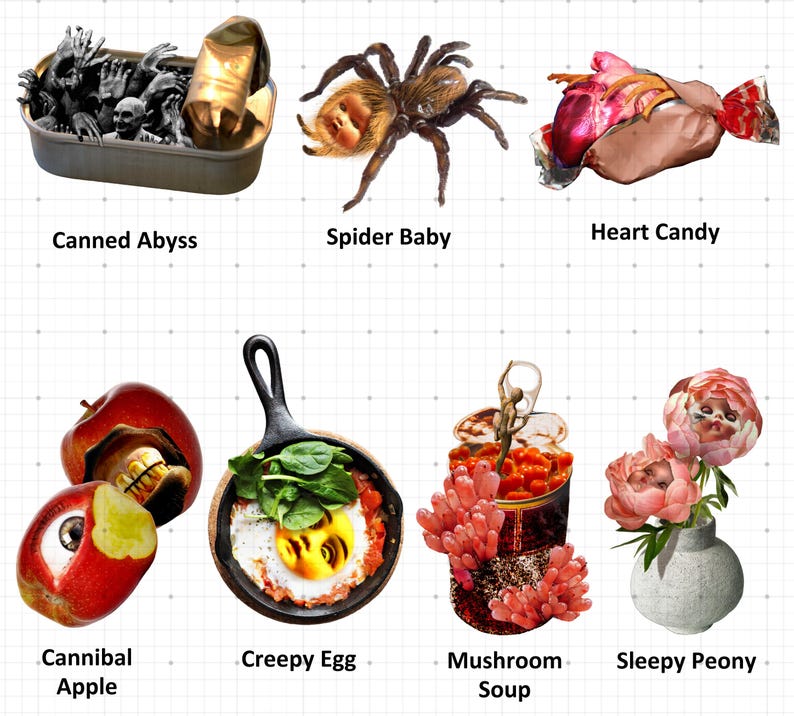 Pode incluir: Uma cole&ccedil;&atilde;o de alimentos e objetos surreais, incluindo uma lata rotulada como "Canned Abyss" com m&atilde;os e cr&acirc;nios, uma aranha com rosto de beb&ecirc; e doces em forma de cora&ccedil;&atilde;o. Outros itens incluem uma ma&ccedil;&atilde; com um rosto, um ovo frito, sopa de cogumelos e pe&ocirc;nias sonolentas.