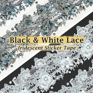 Black & White Lace Sticker Tape (PET Crystal Iridescent) for Scrapbooks, Journals, Planners, and Art Projects
