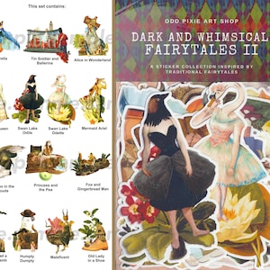 Pode incluir: Uma cole&ccedil;&atilde;o de autocolantes intitulada "Dark and Whimsical Fairytales II" da Odd Pixie Art Shop. O conjunto inclui autocolantes de personagens de contos de fadas como Cinderela, Rainha da Neve e Ariel, a sereia. Os autocolantes s&atilde;o coloridos e caprichosos.