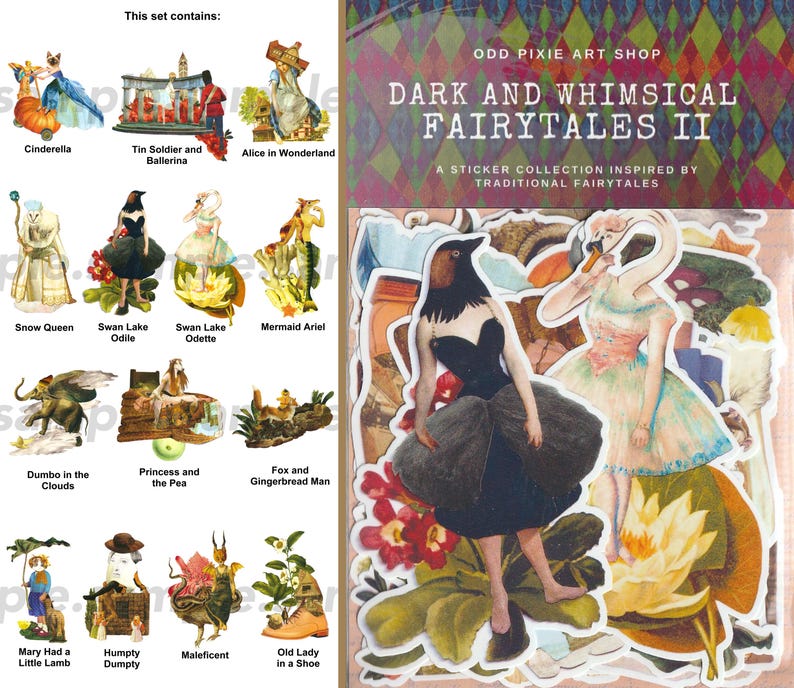 Pode incluir: Uma cole&ccedil;&atilde;o de autocolantes intitulada "Dark and Whimsical Fairytales II" da Odd Pixie Art Shop. O conjunto inclui autocolantes de personagens de contos de fadas como Cinderela, Rainha da Neve e Ariel, a sereia. Os autocolantes s&atilde;o coloridos e caprichosos.