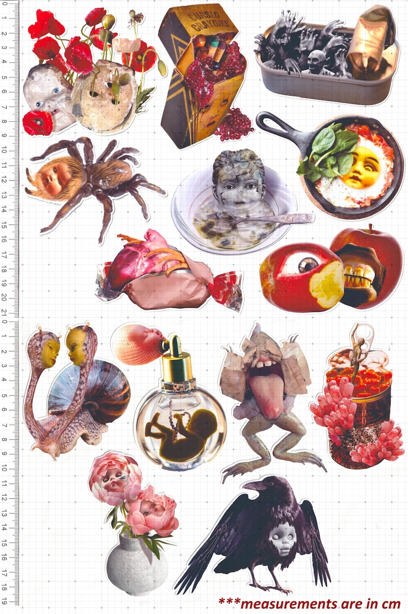 Pode incluir: Uma colagem de imagens surreais, incluindo uma tar&acirc;ntula com rosto de boneca, um frasco de perfume com um feto e um corvo com rosto de boneca. Outras imagens incluem uma caixa de "Crayons Amaldi&ccedil;oados" e um ovo frito com um rosto.
