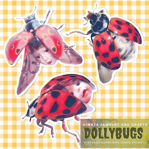 Stickers vinyles surréalistes (horreur, étranges, dollybugs) coccinelles hybrides d'animaux, mutants, cadeaux amusants anniversaires, noël, halloween