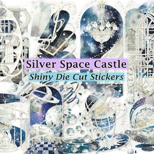 Stickers argentés Space Castle, lune, lune, étoiles futuristes, planètes, planètes