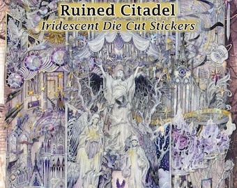 May include: Iridescent die-cut stickers featuring a detailed illustration of a ruined citadel with angelic figures and gothic architecture. The artwork is predominantly purple, white, and gold, with the text "Ruined Citadel" and "Iridescent Die Cut Stickers".