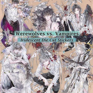 Pegatinas de hombres lobo vs. vampiros, cristal iridiscente, detalle troquelado, bricolaje, calcomanía decorativa, álbum de recortes, diario, diablo, monstruo, guapo, anime, chicos, hombres