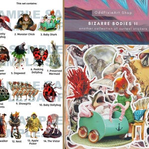 Pode incluir: Uma folha de autocolantes intitulada "BIZARRE BODIES II" da OddPixieArt Shop, com uma cole&ccedil;&atilde;o de autocolantes surreais. Os autocolantes incluem v&aacute;rias criaturas caprichosas, como um tubar&atilde;o beb&eacute;, uma sereia preservada e um pintainho monstro. O conjunto cont&eacute;m 14 designs &uacute;nicos.